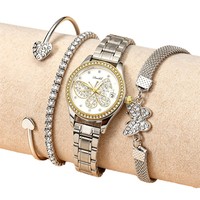 Ensemble de montres pour femmes tendance, cadran rond de 30 mm, bracelet en acier inoxydable, strass, 3 bracelets, bijoux, cadeau