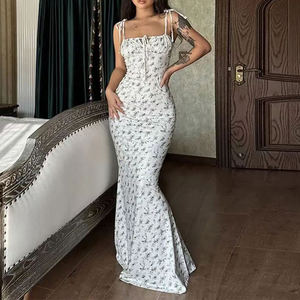 ชุดเดรสยาวลายดอกไม้พิมพ์ลายสไตล์ลำลองสำหรับผู้หญิง คอลเลคชั่นฤดูร้อนปี 2026 แบบเปิดไหล่ โชว์หลัง ทรงหางปลา เอวสูง ดีไซน์หรูหรา เหมาะสำหรับงานปาร์ตี้ แขนกุด - Product Image 5