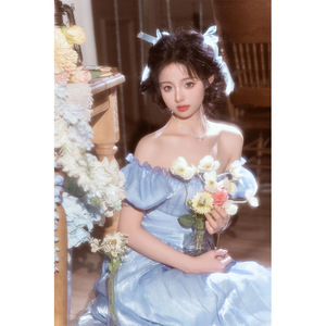 Blue Off-The-Shoulder A-Line Prom Dress Empire Waist Vintage Style For Studio Photography And Coming Of Age Ceremony - Product Image 3