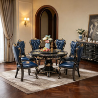 Ensemble de table à manger ronde de luxe en bois massif de style européen avec plateau en marbre noir et chaises en cuir PU avec plateau tournant pour villa, vente en gros