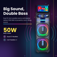 Enceinte portable d'extérieur en gros 50W avec double woofer de 12 pouces, écran tactile Android de 14,1 pouces, karaoké et 2 micros sans fil