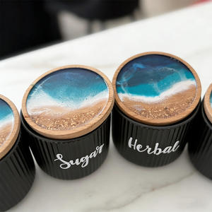 Sous-verres et couvercles de bocaux en bois, motif vague océanique, faits à la main |   Couvre-tasses en bois d'acacia/olivier au design <span class=keywords><strong>plage</strong></span> en résine - Product Image 1