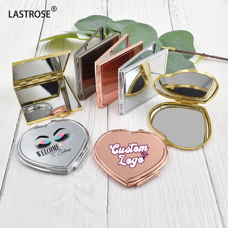 Private Label Rose Gold Double Side Metal Small Heart Square Cosmetic Makeup Hand Mini Portable Folded Compact Pocket Mirror