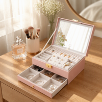 Boîte de rangement pour bagues, colliers, boucles d'oreilles et montres LG7336 grande capacité, miroir LED, double couche, organiseur de bijoux en velours