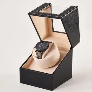 Kotak Winder jam tangan otomatis kulit 1 Slot Gyro rotasi hitam Oem Odm jam tangan Winder tunggal aman