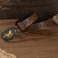 Ceinture en cuir PU style western américain avec boucle rétro en alliage, motif herbe à cheveux de biche, tête de cheval et tête de veau à longue corne embossées