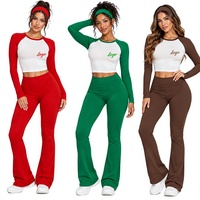 Ensemble de détente 3 pièces pour femme, collection Automne Noël, avec broderie personnalisée du logo, haut à manches longues raglan color block, leggings évasés et bandeau