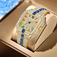 Montre pour homme de luxe en gros, montre à quartz dorée lumineuse avec diamants, montre carrée bling-bling ciel étoilé hip-hop glacée