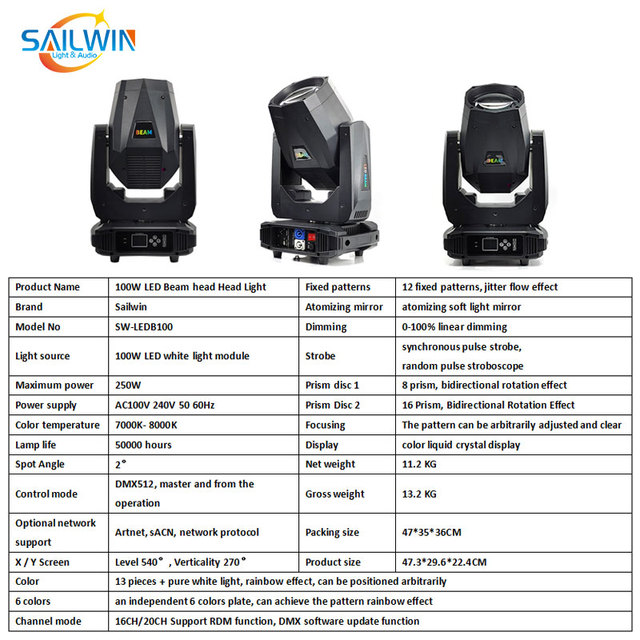 SAILWIN DMX512 Sharpy Lyre 100W LED Beam Moving Head Light for Disco Club Stage Lighting for Stage Event and Party Effect