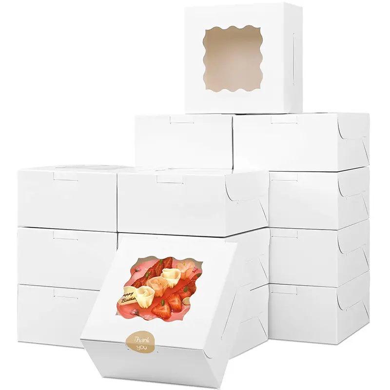 Cajas de tartas con ventana de papel blanco para panadería, caja cuadrada de cartón desechable para pasteles y pasteles, 6x6x3 pulgadas