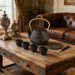 Set Teiera Retrò in Ghisa Nera <span class=keywords><strong>e</strong></span> Oro, Set Decorativo con Sottobicchiere <span class=keywords><strong>e</strong></span> <span class=keywords><strong>Tazze</strong></span> da Tè <span class=keywords><strong>per</strong></span> Casa, Cucina <span class=keywords><strong>e</strong></span> Sala da Tè - Product Image 3