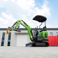 Mini-excavatrice sur chenilles de 1,2 tonne avec chenilles en caoutchouc vertes, godet denté, lame de bulldozer et capot pour ferme et jardin