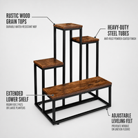 Rak Tanaman 4 Tingkat dengan Bagian Atas Kayu MDF Cokelat Rustic, Rak Pajangan Pot Bunga dari Besi Logam Hitam untuk Ruang Tamu Balkon Teras