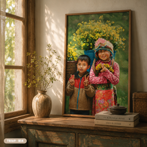 Peinture à l'huile ethnique du Nord-Ouest du Vietnam pour enfants, faite à la main sur toile, service OEM ODM, modèle TB169-B14 - Product Image 4