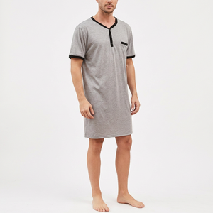 Chemise de nuit en tricot à manches longues et col en V pour homme, couleur gris, avec poche, 100% coton, vêtements décontractés pour la maison, toutes saisons, écologiques - Product Image 2
