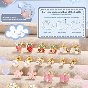 <span class=keywords><strong>Set</strong></span> di <span class=keywords><strong>Orecchini</strong></span> Ipoallergenici in <span class=keywords><strong>Acciaio</strong></span> Inossidabile 316L per Donne con Orecchie Sensibili, Piccoli Modelli a Margherita, Cuore, Fragola e Arcobaleno in Oro - Product Image 2