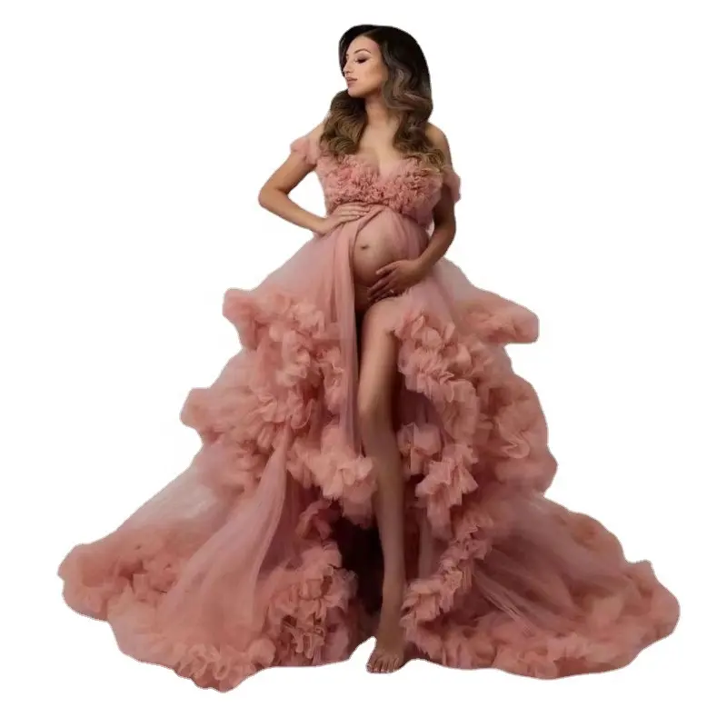Blush Extra Puffy Photoshoot Off Shoulder Pregnancy Dresses Women Fluffy Tulle Maternity Dresses for Baby Shower Photography