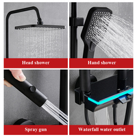 Système de douche noir mat 4 fonctions à touches piano - Pommeau de douche carré effet pluie avec lumière d'ambiance LED, jet pressurisé et douchette à main
