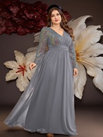 Robe de soirée de luxe en mousseline grande taille SJ, manches longues, imprimé sequins, robe longue de soirée pour femme, coupe trapèze, col en V