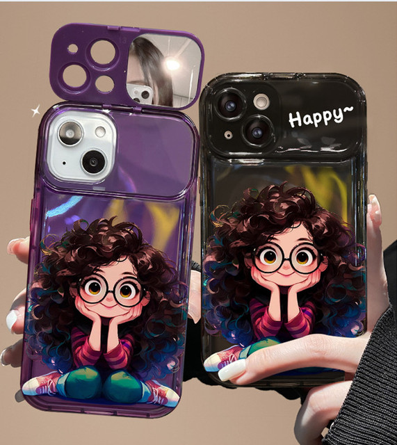 Cute Girl Transparent TPU Phone Case for Apple for iPhone 11 12 13 14 15 16 Pro Max Cartoon Silicone Cover Portable Mirror
