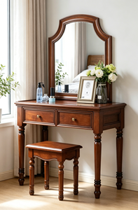 Classic Curved Frame Solid Wood Dressing Table Set 3 <b>Drawers</b> <b>Walnut</b> Bedroom Makeup Vanity Desk With Stool - Product Image 2