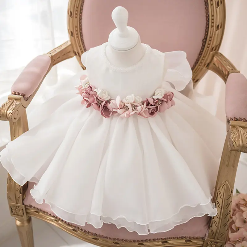 Venta al por mayor de ropa de fiesta de cumpleaños de princesa para niñas, Vestidos de Noche de boda para niños, vestido de baile con apliques de flores