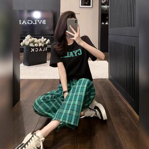 Stylish Women's Two Piece Set Loose Plaid Pants Short Sleeve Top Summer Casual Outfit Black Polyester Oxford Fabric - Product Image 1