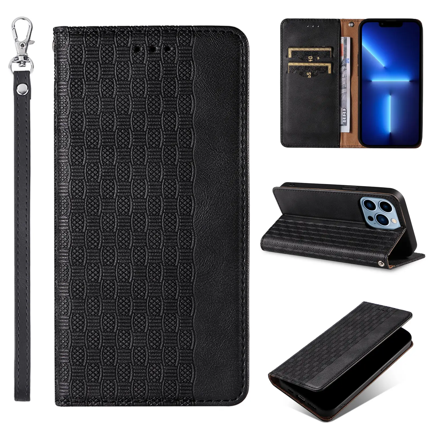 Embossed PU Leather Wallet Magnet Flip Case With Wristband Strap Mobile Case Leather Cover For IP hone 13 14 15 Pro Plus