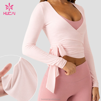 Haut de yoga et de sport pour femme, personnalisé avec logo ODM, respirant, col en V, ajustable, à nouer, manches longues, idéal pour le ballet, le Pilates et la gym