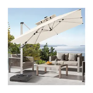 Paraguas popular para exteriores con tela de importación PATIO LUZ LED PARAGUAS CANTILEVER Sombra ajustable 360 grados con pedal