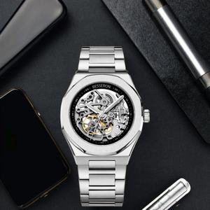 Reloj de Moda para Hombre de 41 mm, Plateado y Negro, de Acero Inoxidable, Esqueleto, Tourbillon, Resistente al Agua, Automático, Luminoso, Mecánico, con Puntero de Cristal - Product Image 4