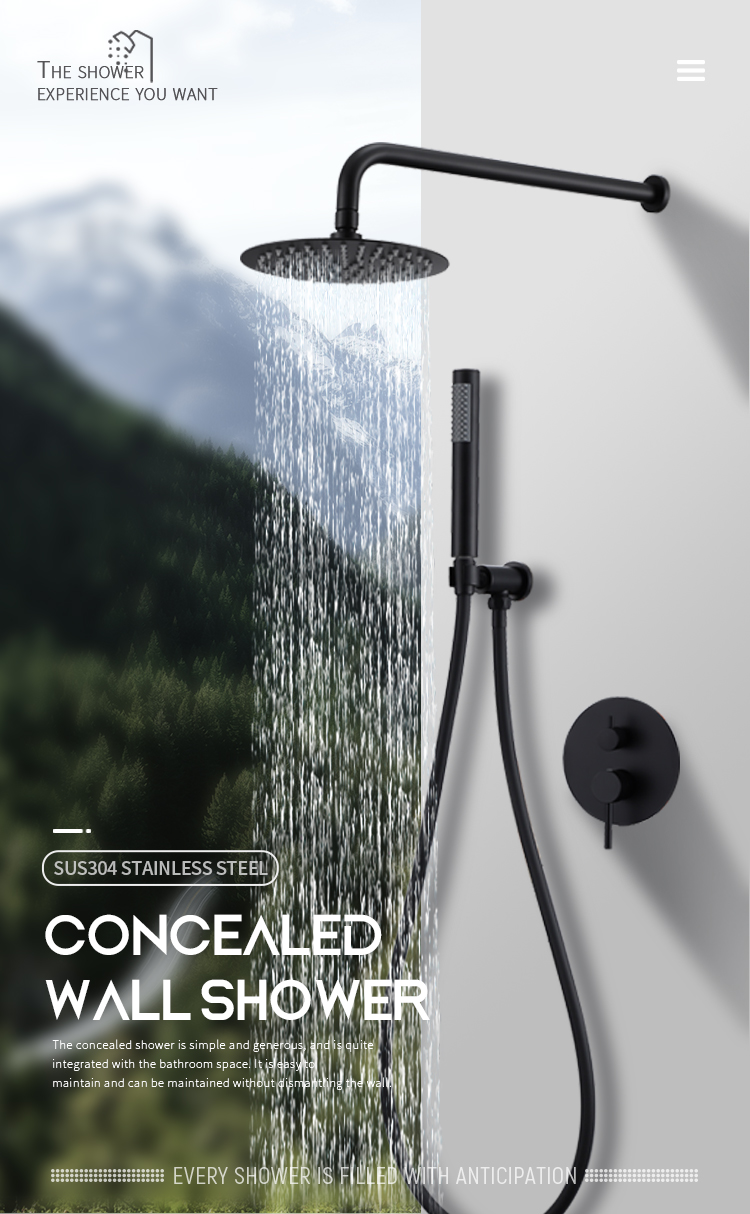 stainless steel circular black concealed hot and cold dual function in-wall bathroom shower with embedded box shower set