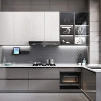 Solution de personnalisation pour toute la maison : Armoire de cuisine en acier inoxydable gris, design moderne et luxueux, finition brillante, pour villa