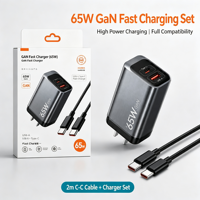 Charger GaN Hitam 65W Berkualitas Tinggi Laris Manis, Dual Output untuk Ponsel Tablet, Pengalokasi Daya Cerdas untuk Pengisian Cepat dan Aman