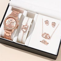 Ensemble 6 Pièces Montre à Quartz de Luxe Or Rose pour Femme Bague Collier Boucles d'Oreilles Strass Tendance Décontracté Montres Bracelets pour Dames