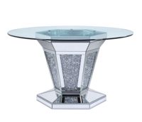 Nouvelle table à manger ronde en argent avec plateau en verre trempé effet diamant broyé