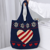 Sac fourre-tout en tricot rayé bleu marine avec cœur, motif flocon de neige de Noël, idéal pour les fêtes, personnalisable avec logo couleur, faible MOQ, OEM, ODM, marque privée