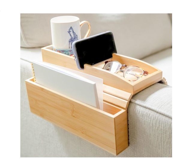 Bamboo Wood Couch Cup Holder with Side Storage Pocket Phone Holder Non-Slip Sofa Armrest Tray Table for Drinks Cellphone Remote
