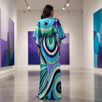 Robe Cache-Cœur Décontractée en Soie 100% de Haute Qualité, Longueur Cheville, Coupe Ample, Imprimé Tourbillon Bleu Vert Violet, pour Femme Printemps/Été