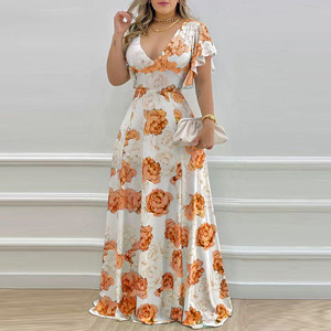 Vestido Maxi con Estampado Floral para Mujer, Cuello en V, Manga con Volantes, Cintura Alta, Corte en A, Elegante, Romántico, para Fiesta, Noche, Vestido de Gala - Product Image 4