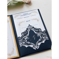 Carte de vœux de mariage classique de luxe bleu marine et or, impression typographique dorée, pelliculage, papier fantaisie, 3 inserts, marque personnalisée