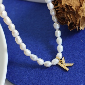 Wholesale Natural Pearl Chain Gold Plated Full Diamond Letter Pendant <b>Necklace</b> - Product Image 6