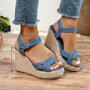 Women New Style Platform Wedge Sandals Summer Thick Sole Denim <b>Large</b> Woven Roman Sandals Wholesale - Product Image 6