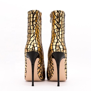 Bottines à talon fin et bout pointu imprimé pierre dorée pour femme, grande taille personnalisée 47, avec fermeture éclair latérale - Product Image 4