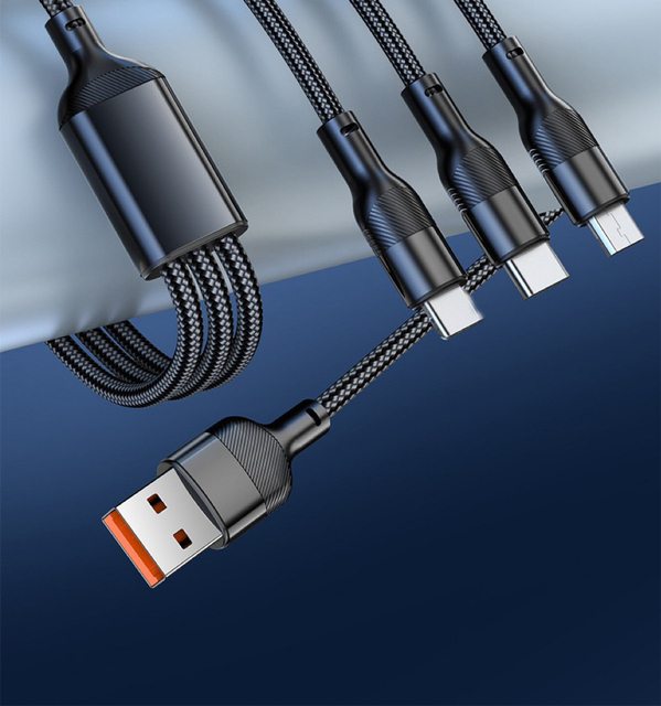 3 in 1 66W 3A Super Fast Charging Cable 1.2M Nylon Braided Micro USB Pure Copper Conductor Mobile Phone Earphone Car Use