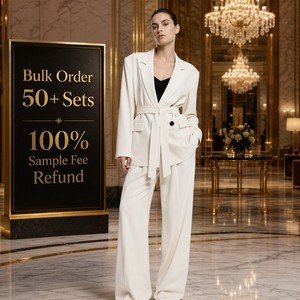 Ensemble tailleur trois pièces pour <span class=keywords><strong>femme</strong></span>, blazer oversize, <span class=keywords><strong>pantalon</strong></span> large avec ceinture, formel, ivoire, blanc cassé, sur mesure, Jinyuan - Product Image 4