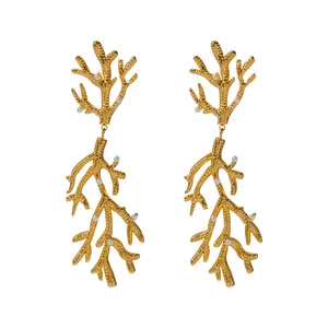Trending Fashion 2024 Jewelry Stainless Steel 18K Gold Plated Pearl Branch Chunky Textured Coral Shape Drop Earrings for Women