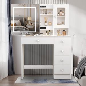 Vanity bàn với thắp sáng gương trang điểm và lưu trữ 3 màu sắc thay đổi chế độ điều chỉnh độ sáng LED Vanity Gương bàn trang điểm - Product Image 5