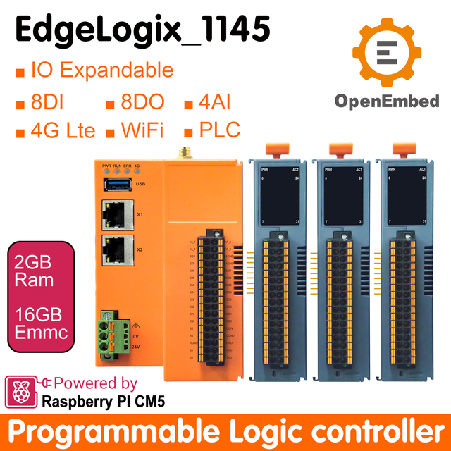 OpenEmbed Edgelogix-1145 Raspberry Pi CM5 Industrial PLC Controller IO Expansion RS485 IDE/VS Code Codesys for PLC Programming