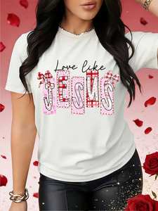 T-shirt da donna a maniche corte Love Like Jesus, girocollo, con stampa a cuore, in cotone traspirante, casual, per primavera estate - Product Image 3
